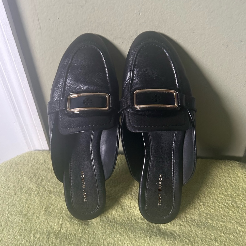 Tory Burch Black Leather Loafer Mules with Gold Buckle
